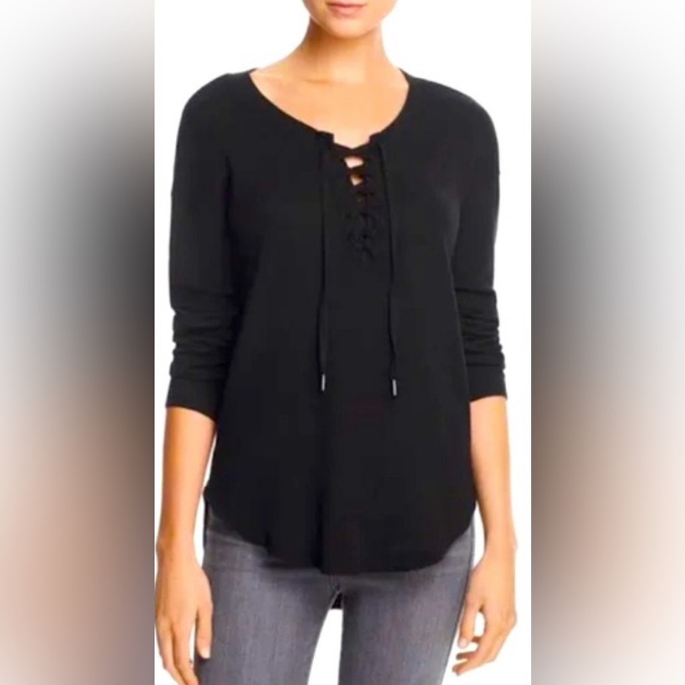 splendid black tie neck thermal long sleeve t-shirt nwt